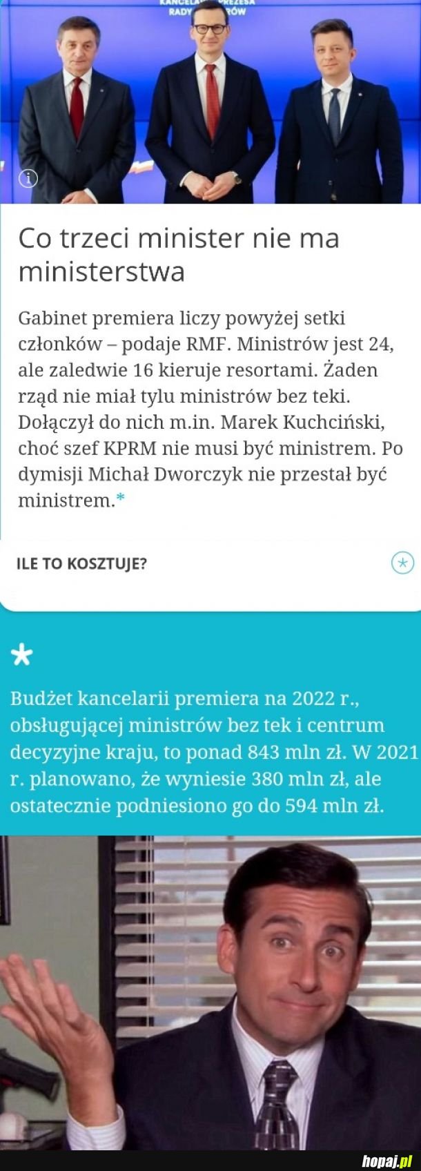 Budżet KPRM – Ministrowie bez teki – 843mln rocznie
