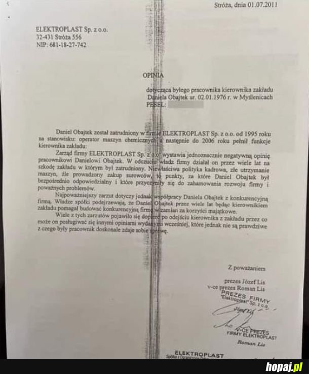 Opinia o Danielu Obajtku z firmy Elektroplast w 2011 roku
