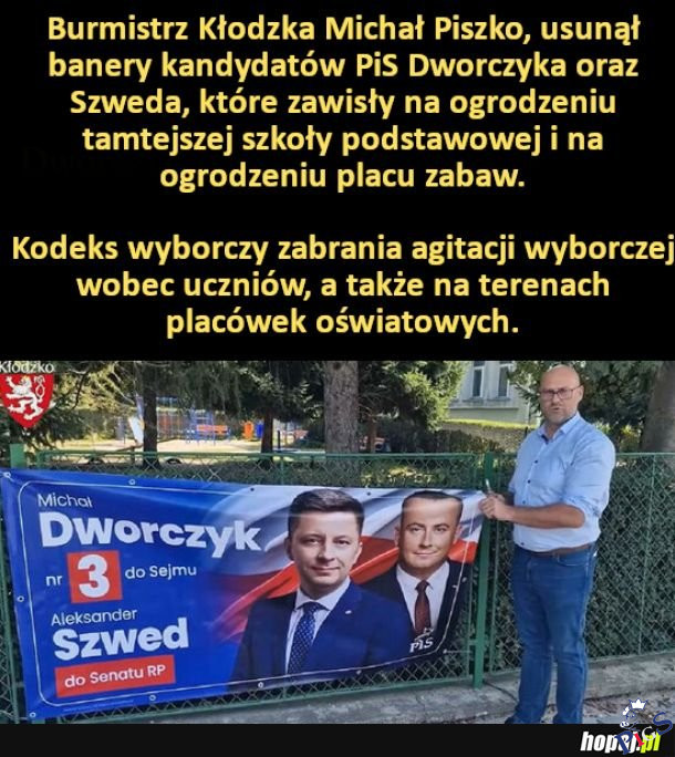 Burmistrz Kłodzka usunął banery kandydatów PiS z ogrodzenia szkoły podstawowej i placu zabaw