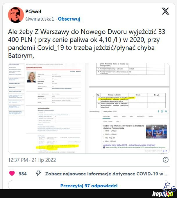 Rachunki za paliwo nowej minister kultury w 2020